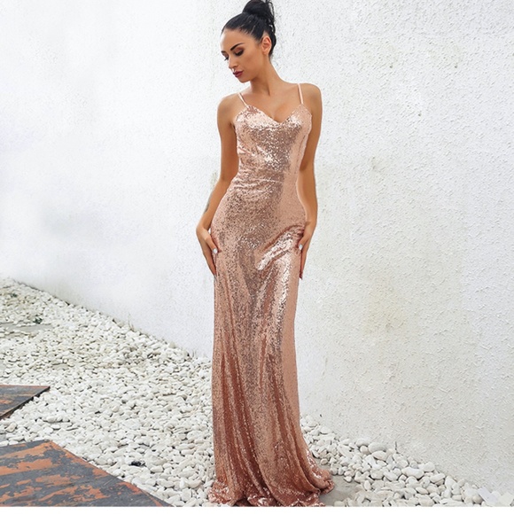 Rose Gold Sequin Open Back Cami Maxi Dress - Picture 6 of 13